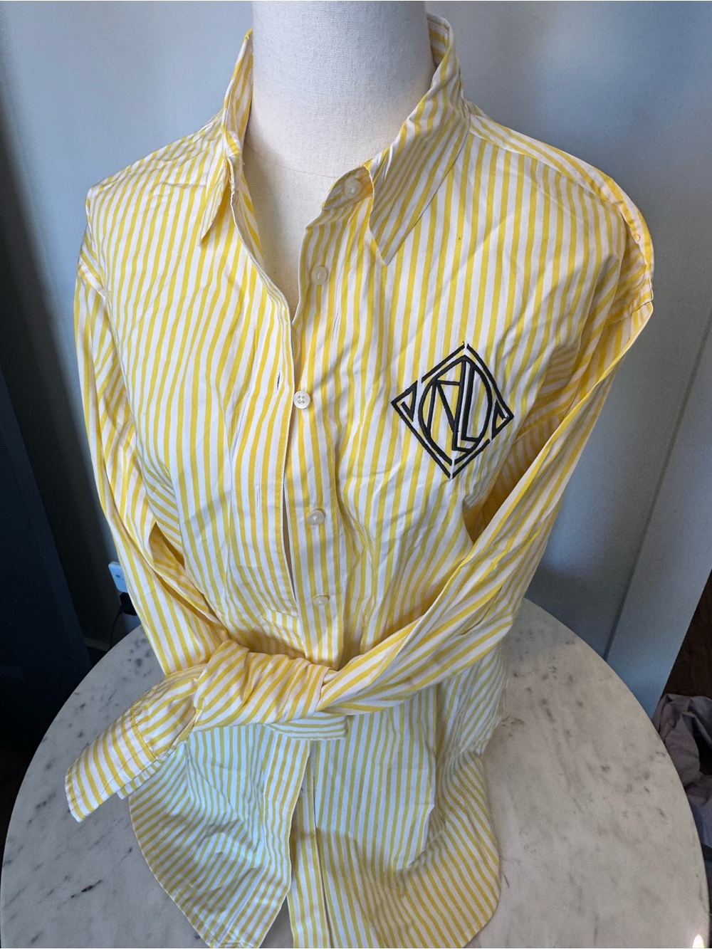 Ralph Lauren Yellow and White Striped Button-Down Shirt with Chest Monogram